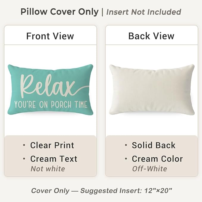 PANDICORN Farmhouse Throw Pillow Covers 12x20 Inch Relax Porch Time Turquoise Summer Beach Outdoor Decorations Lumbar Pillow Decorative Throw Pillows Cases Cushion Covers for Porch Couch Sofa Decor