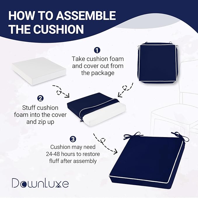 downluxe Waterproof Outdoor Chair Cushions Set of 2, 19" x 19" x 3" Patio Chair Cushion with Non-Slip Ties & Handle, Square Outdoor Cushion for Patio Furniture with Removable Cover, Navy/White