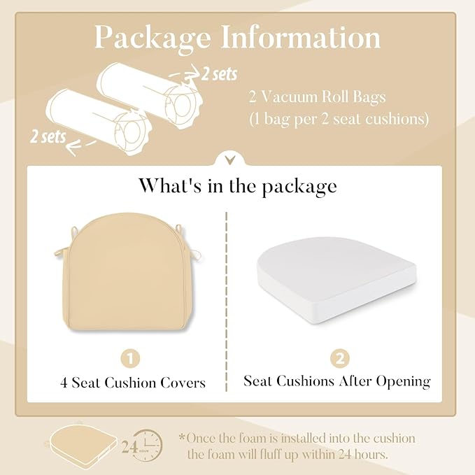 Basic Beyond Outdoor Cushions for Patio Furniture Waterproof Outdoor Chair Cushions Set of 4-19 x 19 x 3 Inch Thick Patio Chair Cushions with Adjustable Ties, Beige