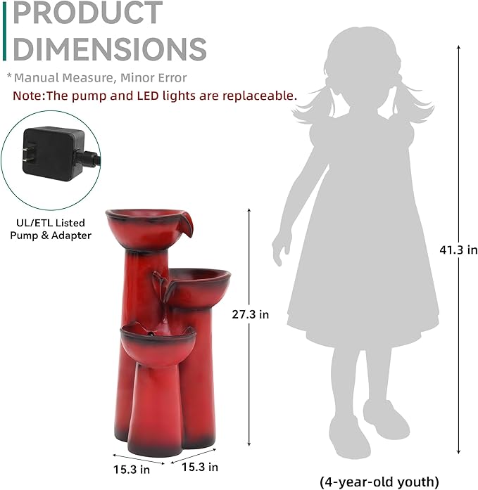 27" Outdoor Water Fountain with LED Lights, 3-Tier Cascading Faux Ceramic Column Water Feature with Pump for Garden Patio Backyard, Weather-Resistant Resin Waterfall for Serene Oasis, Red