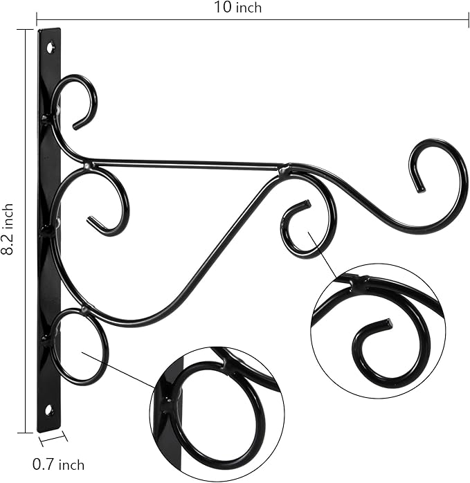 Fasmov 6 Pack Hanging Plant Brackets, 10" Sturdy Iron Wall Mount Flower Basket Hook Indoor Outdoor Bracket for Hanging Bird Feeders, Lanterns, Planters, Wind Chimes, Ornaments with Screws (Black)