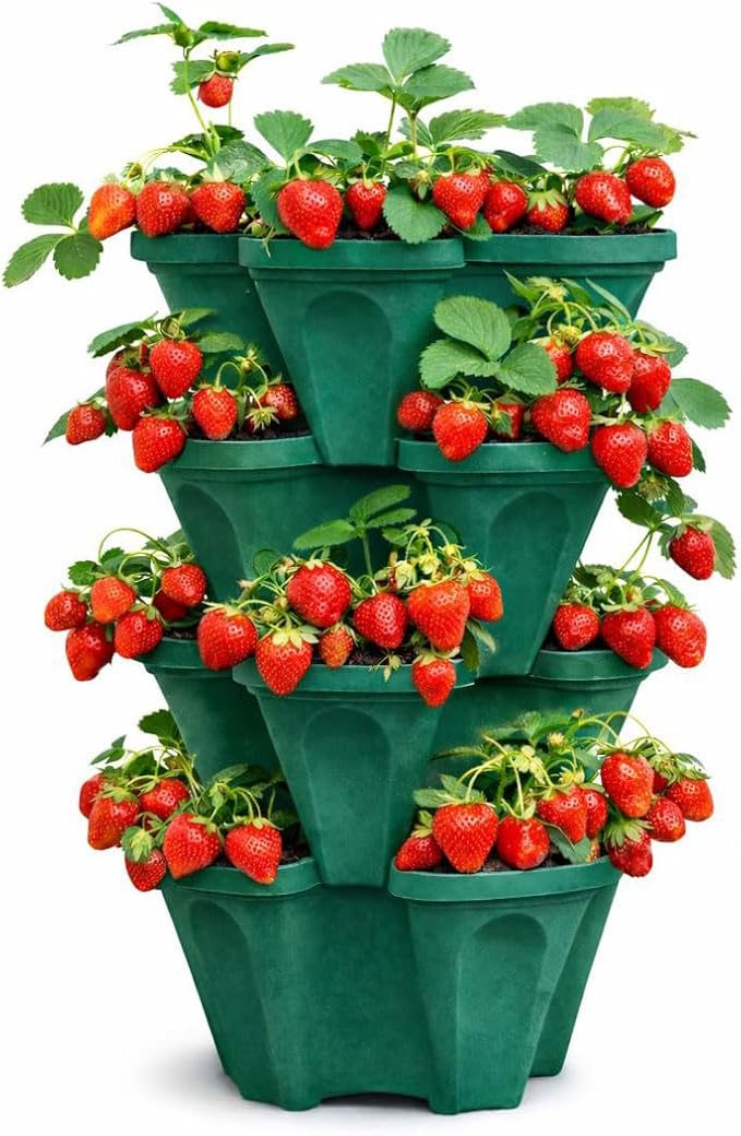 Large Vertical Planter Tower – 4 Tier Stackable Garden Planter, 28 Plant Sites, Commercial Grade Strawberry Planter, Heavy Duty Vertical Growing System with Center Support Hole (Deep Forest, Large)