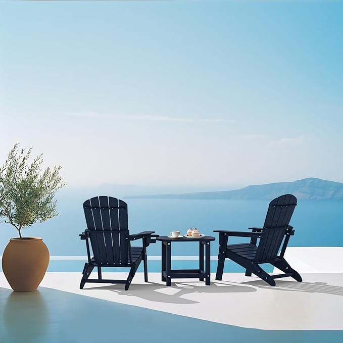 Plawdlik Folding Adirondack Chair, SGS Tested, Wooden Textured with Cup Holder, Heavy All-Weather HDPE Comfortable Set Poolside Backyard Lawn Navy Blue Set 2