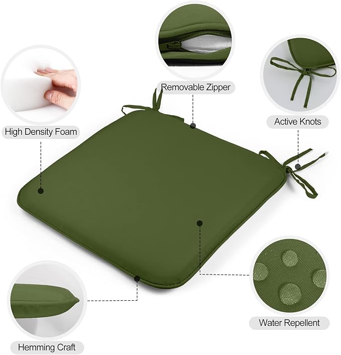 GUEGLSA Outdoor Indoor Waterproof Seat Cushions,16x16 Inches Patio Chair Cushion with Ties,Machine Washable Seat Pad for Home Garden Kitchen Dining Office Chair,Set of 2,Green