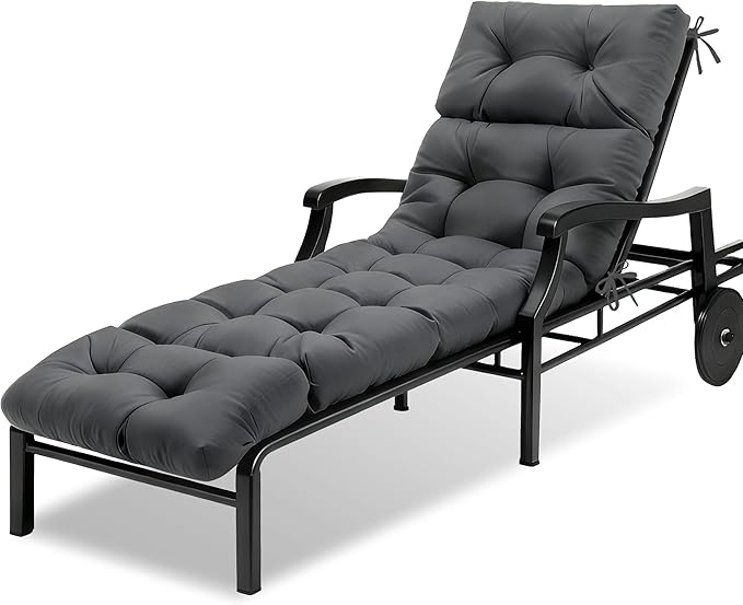 MTMR Chaise Lounge Chair Cushion Outdoor, Waterproof Seat Cushions for Patio Furniture, Non-Slip Outdoor Replacement Pad for Lawn Pool Wicker Couch Loveseat, Thick Long Lounge Cushion, Dark Grey