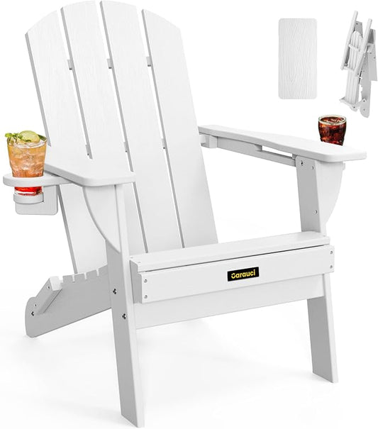 Folding Adirondack Chair, Wooden Textured Plastic Adirondack Chairs with 2 Cup Holder, Weather Resistant HDPE Fire Pit Chair, Outdoor Patio Chairs for Garden, Backyard, Lawn, Deck, 380LBS, White