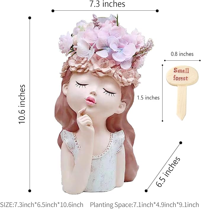 Head Planter Succulent Pots Face Flower Pot Cute Resin Cactus Planters with Drainage Creative Decorations, Gift for Women, Man, Office and Garden Decor, 7.3x6.5x10.6inch