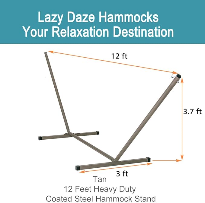Lazy Daze Hammocks Outdoor 12 Feet Hammock Stand Heavy Duty Coated Steel Tube Frame, for Indoor Porch Patio Garden Backyard Hammocks, 450 Pounds Weight Capacity, Tan