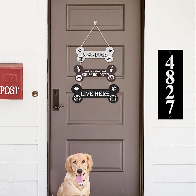 HLNIUC Funny Dog Wooden Sign,Spoiled Dogs Door Sign And Their Household Staff Live Here Wall Decor,Bone Shape Hanging Plaque for Porch Front Door,Dog Welcome People Tolerated Plaque for Dogs Lovers