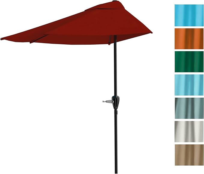 Half Umbrella - 9 ft Patio Umbrella with Easy Crank - Outdoor Patio Shade - Small Canopy for Balcony, Table or Deck by Pure Garden (Red)