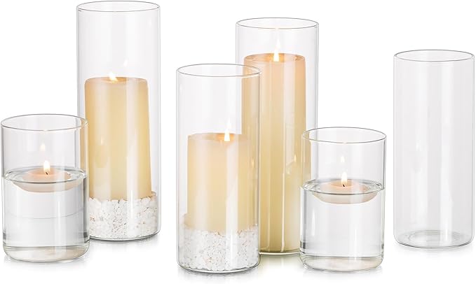 Glasseam Hurricane Glass Candle Holders Set of 6,Clear Cylinder Candle Holders for Pillar Candles,Modern Floating Candles for Centerpieces Vases,Candle Holders for Table Centerpiece,4''+6''+8'',2.6in