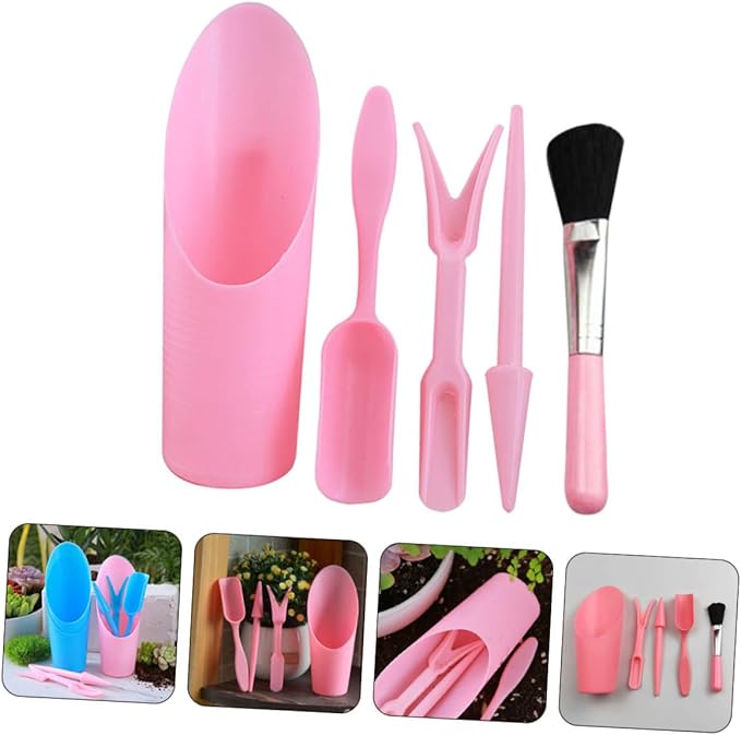 Succulent Planting Tool Set with Pink Bucket, Small Soil Scoop, Transplanter and Cleaning Brush for Indoor Gardening and Succulent Care, Sturdy Gardening Accessories for Planting