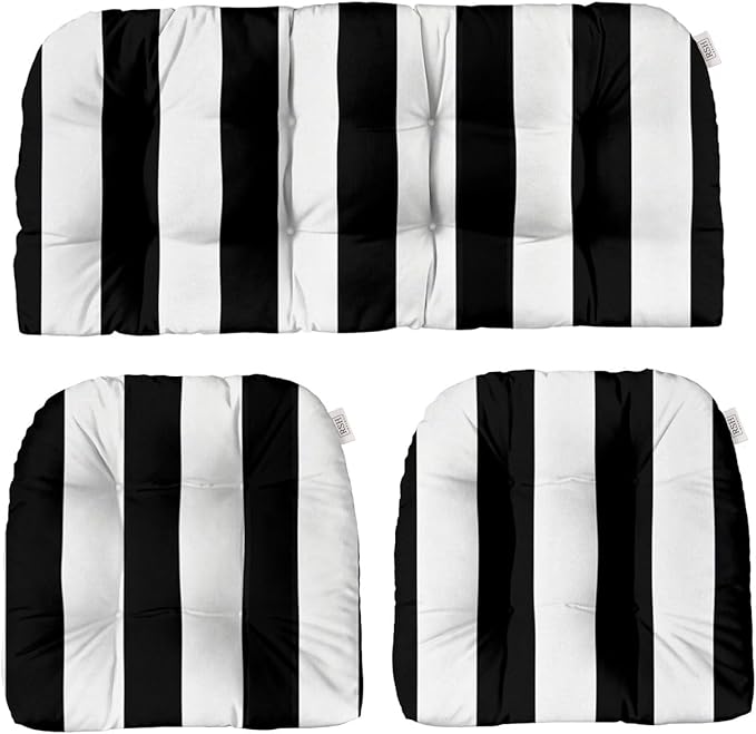 RSH DECOR: 3-Piece Wicker Tufted Cushion Set | 41” x 19" & 19" x 19" | All-Weather Spun Fabric | Water Resistant | Outdoor Loveseat & U-Shape Cushions for Patio Furniture | Black & White Stripe
