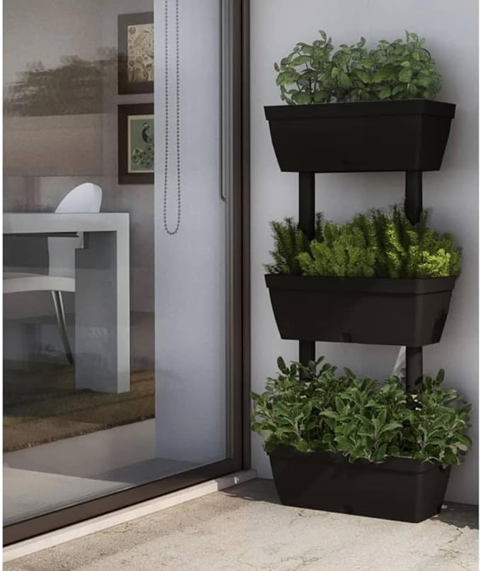 6 Pcs Anthracite Garden Planter Set, 39.4 Inch Stackable Flower Boxes with Water Reservoir, Expandable Patio Planters for Balcony Terrace, TPR Material Outdoor Plant