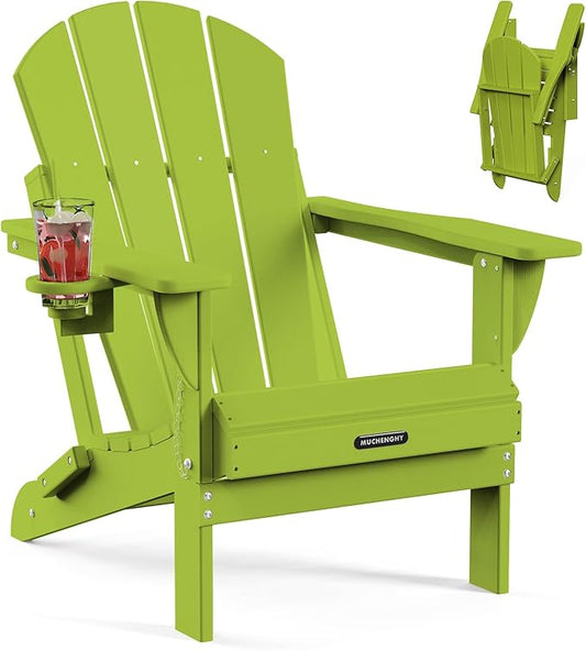 MUCHENGHY Folding Adirondack Chairs, Patio Chairs, Lawn Chairs, Outdoor Chair, Adirondack Chair Plastic, Fire Pit, Weather Resistant with Cup Holder for Deck, Backyard, Garden(Lemon Green)
