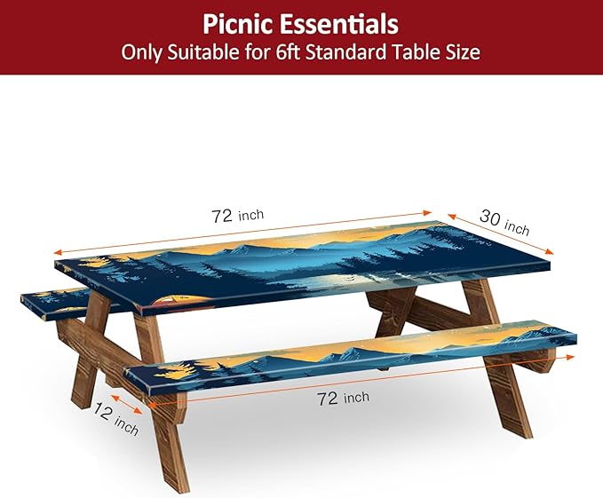 KENOBEE Picnic Table Cover with Bench Covers 6FT 3PCS, Camping Essentials Waterproof Windproof Tablecloth with Drawstring Bag, Fitted Rectangle Tables and Seats, 72", Lakeside Ember