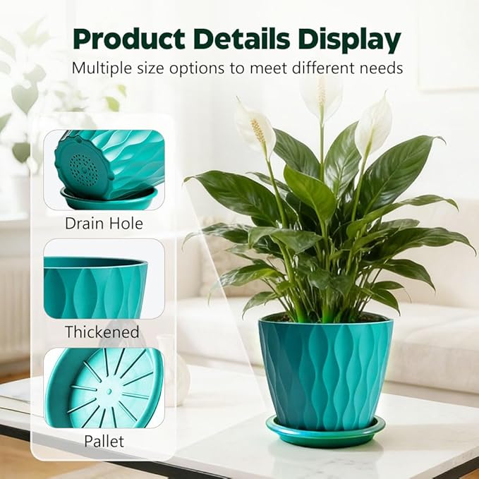 Plant Pots, Self Watering Planters with Drainage Holes and Trays, Flower Pots for Indoor Outdoor - 6 Pack(4/5/6/6.5/7/8 Inch) (Dark Green)
