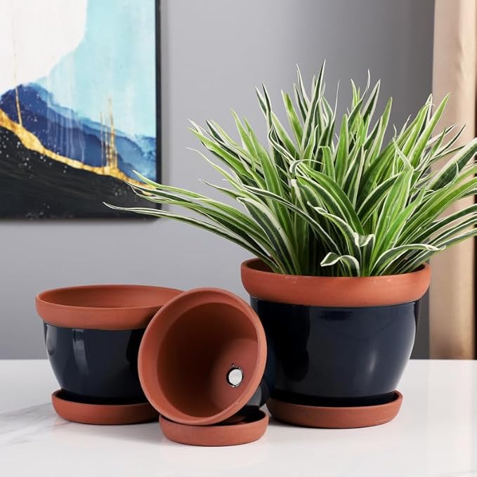 Yishang Glazed Terracotta Pots with Saucers, Set of 3, 5", 6", and 7" Sizes, Ceramic Clay Planter Pots with Drainage Holes - Black
