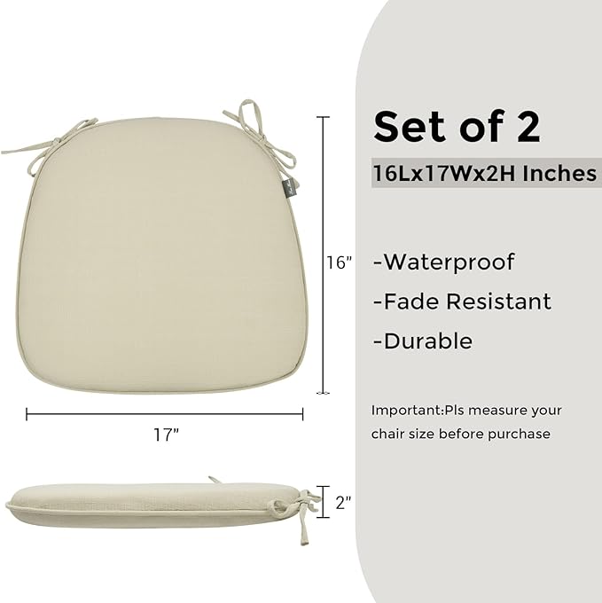 Outdoor Chair Cushions Set of 2,Patio Seat Cushion 17"x16"x2",U-Shaped Dining Chair Cushion 17 by 16 Inch,Water Resistant,Fade-Resistant Chair Pads for Kitchen Garden Furniture(Antique Beige)