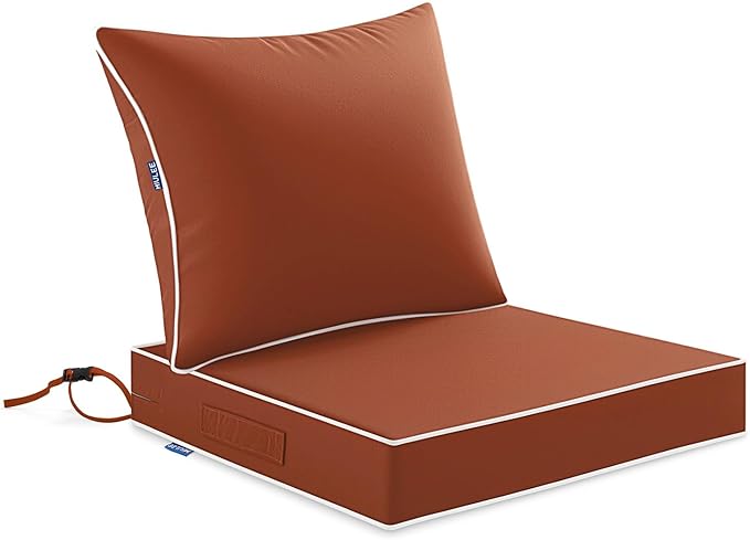MIULEE Burnt Orange Outdoor Seat Cushion 24x24 Inch Waterproof & 3 Year Fade Resistant Deep Seat and Back Cushion for Patio Furniture Chair Sofa Couch with Handle and Adjustable Straps