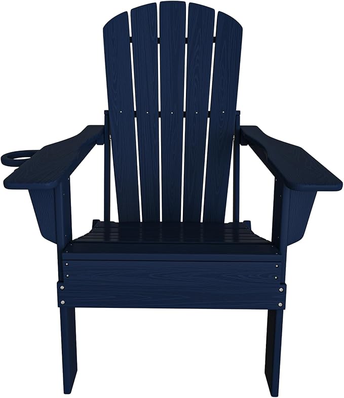Plawdlik Folding Adirondack Chair, SGS Tested, Wooden Textured with Cup Holder, Heavy All-Weather HDPE Comfortable Set Poolside Backyard Lawn Navy Blue Set 2