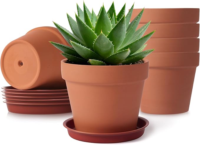 6 PCS Clay pots and Plates, 5-inch red Clay pots with Drainage, Perfect for Indoor, windowsill, and Garden Plants