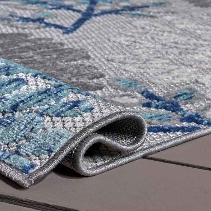 SAFAVIEH Washable Rug Outdoor Cabana Collection - 4' Square, Grey & Blue, Non-Shedding & Easy to Clean, Ideal for Patio, Backyard, Mudroom (CBN832F)