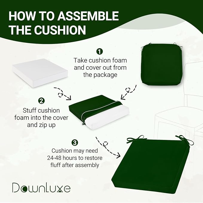 downluxe Waterproof Outdoor Chair Cushions Set of 4, 19" x 19" x 3" Patio Chair Cushion with Non-Slip Ties & Handle, Square Outdoor Cushion for Patio Furniture with Removable Cover, Forest Green