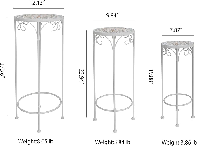 Rustic Metal Plant Stand Set of 3 Round Ceramic Top 28" Tall Mosaic Flower Stand Tile Nesting Display Side Table Indoor Outdoor Plant Rack Flower Holder for Wedding Party Patio Living Room Frame Stackable Garden Accessory Decorative White