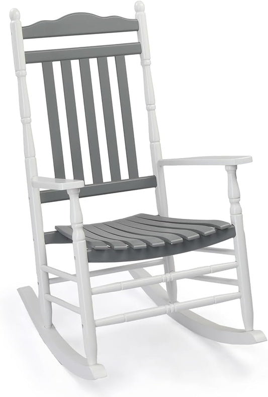 VINGLI Wooden Rocking Chair, Outdoor Chair with 450 lbs Support, Relaxing Rocker with Solid Wood High Back Seat Reclining Seat for Deck, Garden, Backyard, Porch (White & Grey, 1PC)