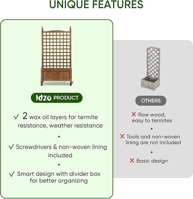 Idzo Raised Garden Bed with Trellis, Durable Oil Coated Planter with Trellis, 50 Inches Height Vertical Gardens Outdoors with Lockable Wheels and Convenient Non Woven Lining
