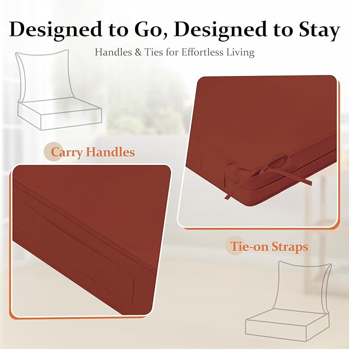 downluxe 24x24 Outdoor Chair Cushions, Waterproof Fade Resistant Patio Furniture Cushions with Handle & Removable Cover, Deep Seat Outdoor Cushions for Sofa, Couch and Patio Chairs, Brick Red