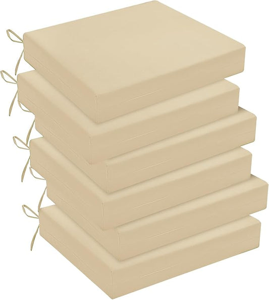 downluxe Outdoor Chair Cushions Set of 6 for Patio Furniture, Water-Resistant Square Corner Patio Chair Cushions with Ties, High Density Foam Outdoor Seat Cushion, 18.5" X 16" X 3", Beige