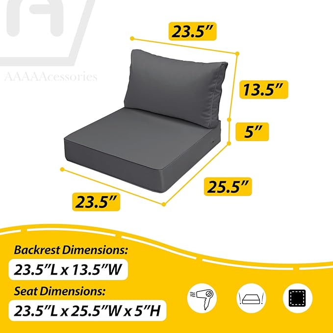 AAAAAcessories Outdoor Seat Cushions for Chairs, Fade-Resistant, Waterproof Patio Furniture Replacement Cushions, 23.5" x 25.5" x 5" + 23.5" x 13.5", Dark Gray