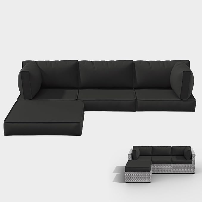 Outdoor Cushions for Patio Furniture with 5 Pillows, Waterproof Patio Furniture Cushions Replacement, 4" Deep Seat Outdoor Sectional Cushions for 4-seat Patio Furniture Chair Sofa Couch,Black