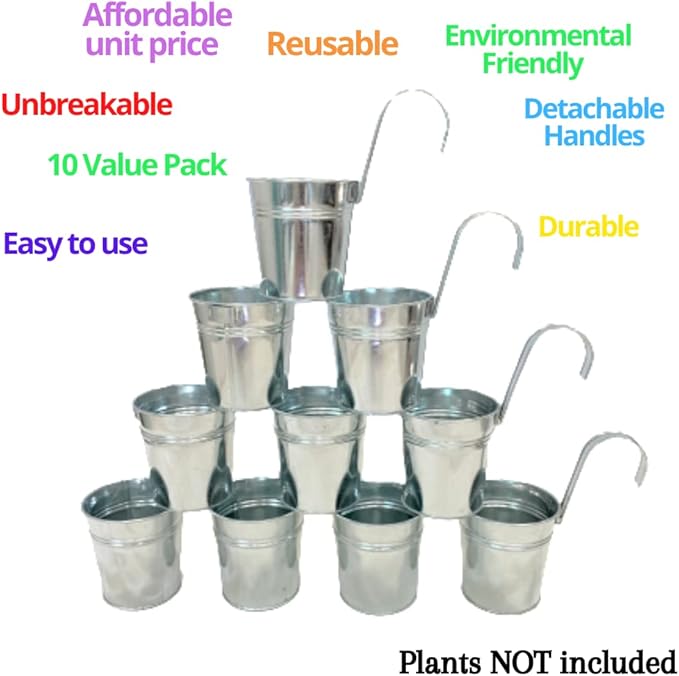 LaLaGreen Fence Planters for Outdoor Plants (10 Pack, 4 Inch) Balcony Planter Railing Hanging, Small Silver Metal Flower Pot Rail Wall Cute Farmhouse Garden Rustic Deck Porch Window Box Bucket Decor