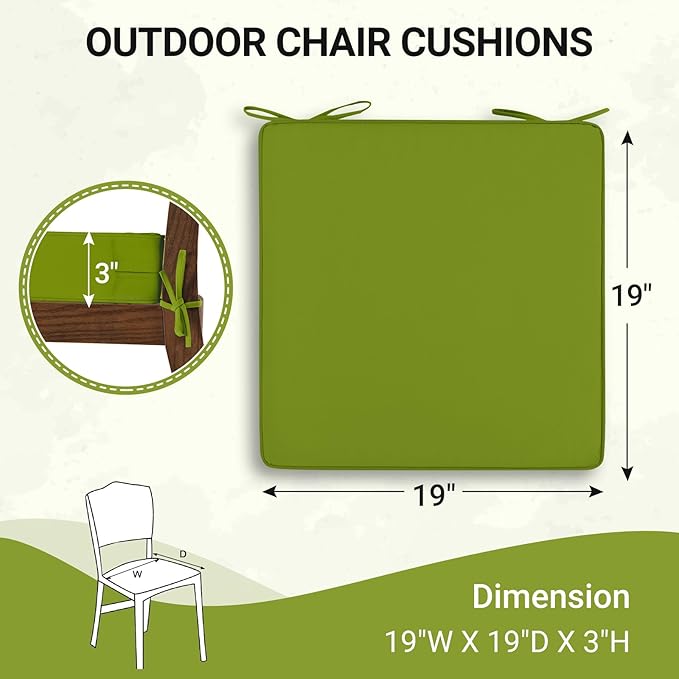 downluxe Waterproof Outdoor Chair Cushions Set of 2, 19" x 19" x 3" Patio Chair Cushion with Non-Slip Ties & Handle, Square Outdoor Cushion for Patio Furniture with Removable Cover, Grass Green