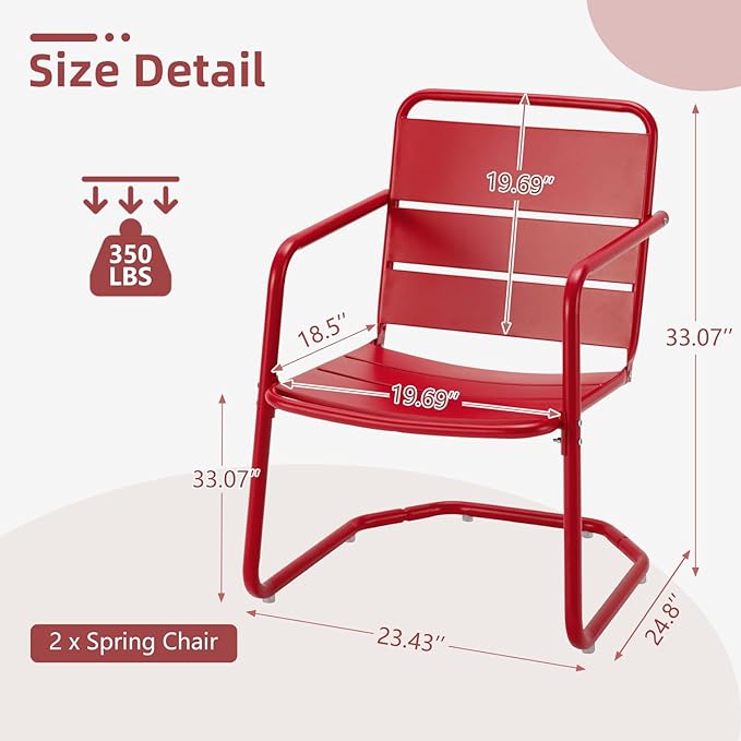 MELLCOM Patio Chairs Set of 2, Small Patio Furniture Set - 2 C-Spring Metal Chairs, Outdoor Bistro Set for Balcony, Front Porch, Poolside, Garden, Deck, Red