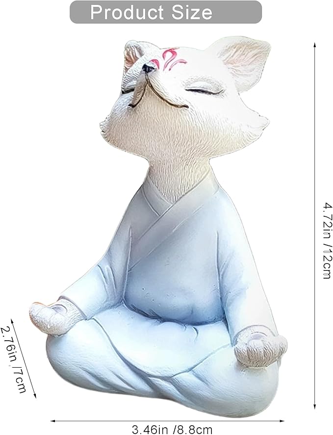Meditating Buddha Fox Statue Resin Zen Animal Sculpture Yoga Figurines Indoor Outdoor Fengshui Decor for Patio Garden Yard Lawn Tabletop Planter Ponds Pot Bookshelf Ornaments Gifts White