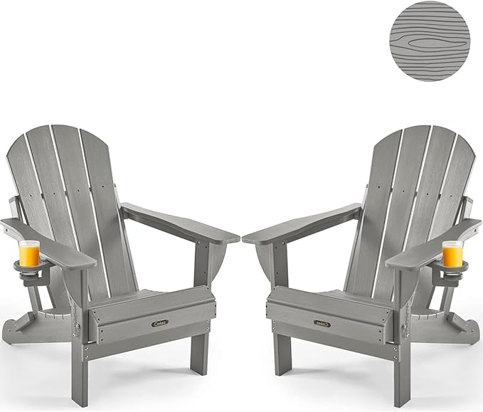 Ciokea Folding Adirondack Chair 2 Pack, Patio Adirondack Chair Weather Resistant, Plastic Fire Pit Chair with Cup Holder, Lawn Chair for Outdoor Porch Garden Backyard Deck (Grey)