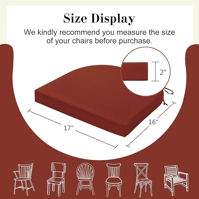Cozyide Outdoor Chair Cushions, Waterproof Patio Seat Cushions with Adjustable Straps, Round Corner Patio Chair Cushions for Garden, Brick Red, 17x16x2 Inch (Pack of 4)