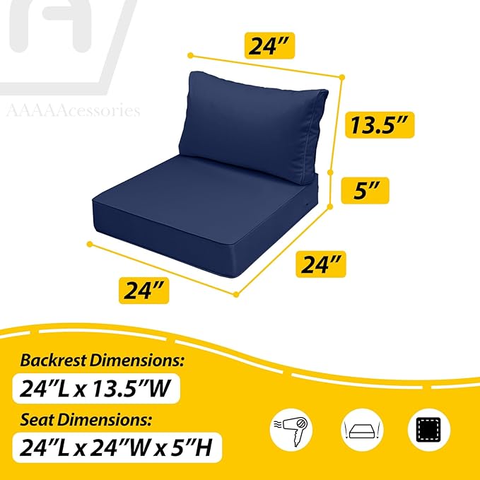 AAAAAcessories Outdoor Seat Cushions for Chairs, Fade-Resistant, Waterproof Patio Furniture Replacement Cushions, 24" x 24" x 5" + 24" x 13.5", Navy Blue