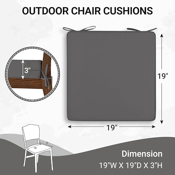 downluxe Outdoor Chair Cushions for Patio Furniture, Waterproof Square Corner Memory Foam Patio Chair Cushion with Adjustable Ties and Portable Handle, 19" x 19" x 3", Dark Grey, 2 Pack