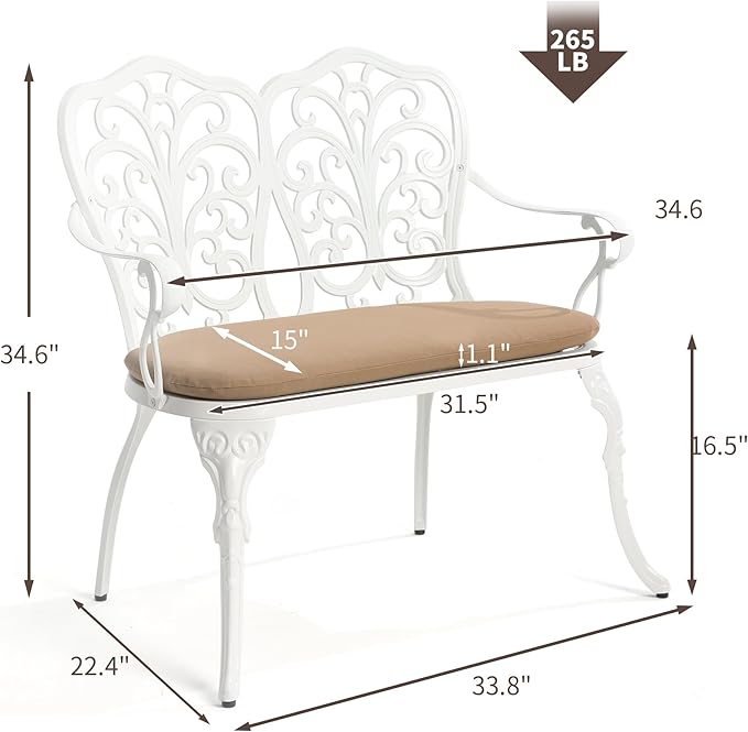 HOMEFUN Outdoor Bench with Cushion - Patio Garden Benches Metal Loveseat Butterfly Cast-Aluminum Outside Furniture for Park Lawn Front Porch White