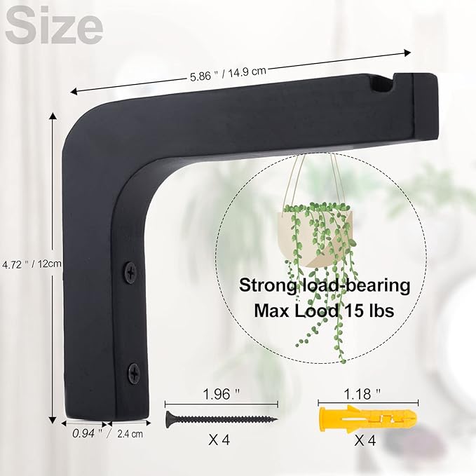 2 Pack 5.9 inch Wooden Wall Hooks for Hanging Plants,Lanterns,Flower Bracket,Wind Chimes,Bird Feeders,Macrame Plant Hangers,Black