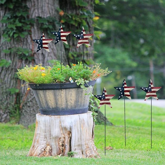 6set 12"H Metal American Star Barn Yard Sign, Patriotic Metal US Flag Star Barn Garden Stake for Planter Pot Walkway Pathway 4th of July Decor Memorial Day Outdoor Lawn Decorations