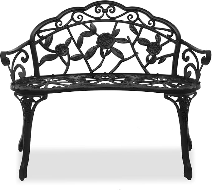 Outvita Patio Garden Bench, 38" Cast Aluminum Outdoor Chair Anti-Rust Weather Resistant Patio Bench Rose Pattern Bench for Front Porch, Backyard, Lawn
