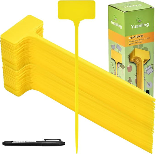 Plant Labels,60PCS Yuanling T-Type 11.4" Large Plastic Plant Tags Waterproof Plant Makers Nursery Garden Labels for Outdoor Indoor Plants Herbs Flowers Vegetable Potted Belt Marker Pen (Yellow)