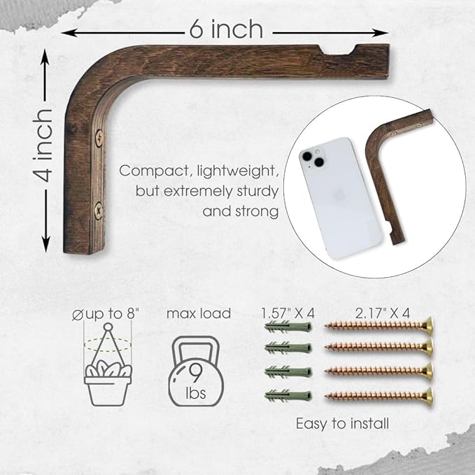 EvenWood 2-Piece Set of Plant Hooks for Wall 6 Inch - Mounted Wooden Plant Hook - Indoor and Outdoor Bracket Plant Hanger for Planters, Lanterns, Bird Feeders, Patio Decorations (Walnut)