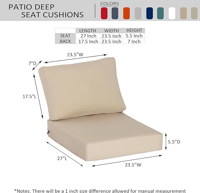 23.5"x27" Outdoor Deep Seat Patio Cushions Set of 2,Water-Resistant Stain-Resistant UV Resistant Weather Resistant with YKK Zippers,Sunbrella Antique Canvas Beige